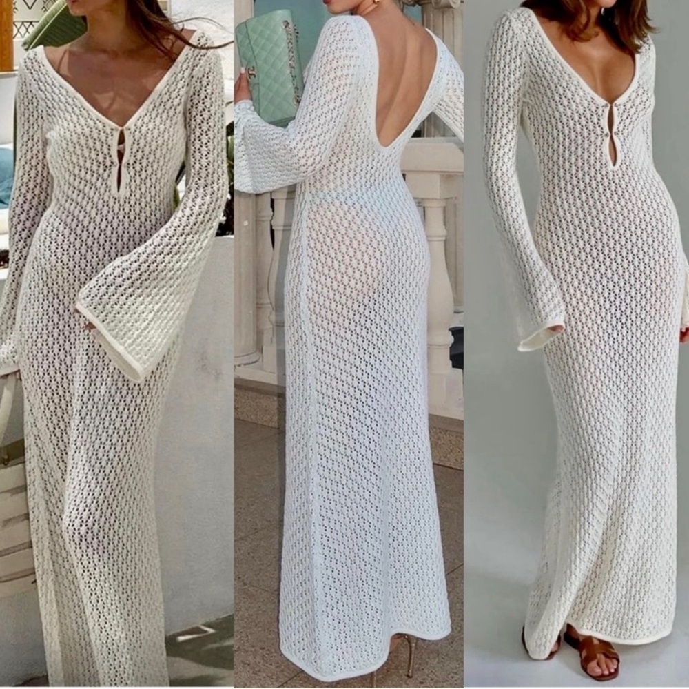 Crochet knit Fishtail Flare Sleeve Maxi Dress swimsuit cover up dress - ✨🔥🔥🔥✨
